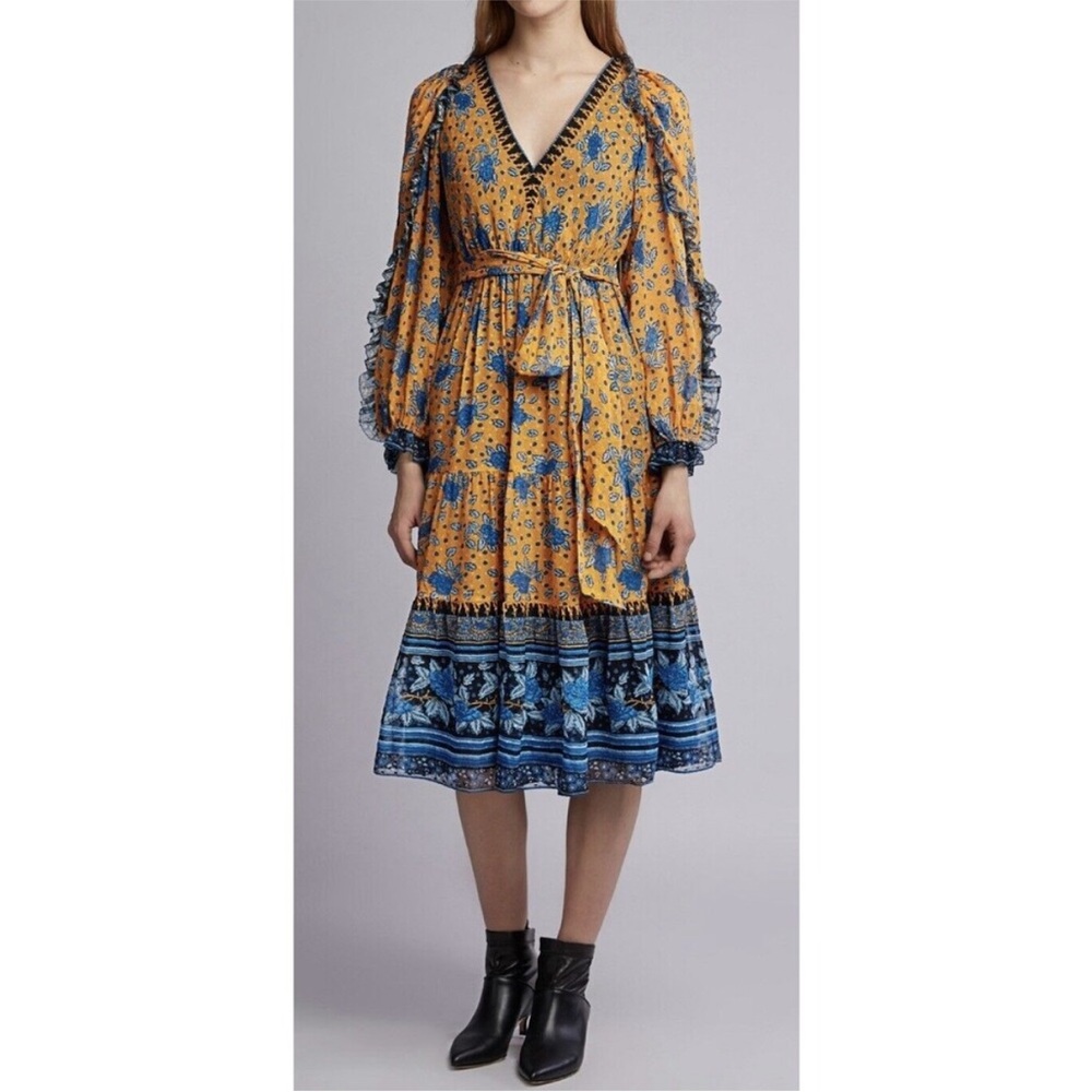 Ulla Johnson Romilly Silk Floral Orange Blue Long Sleeve Midi Dress Size 4